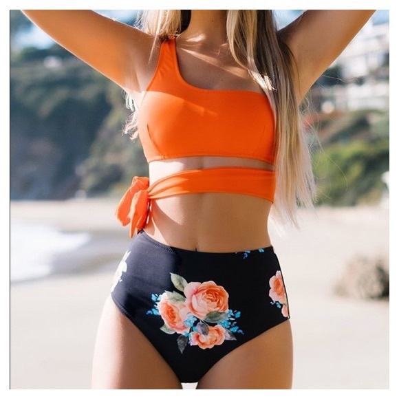 Orange and Floral One Shoulder Tied Bikini (NWT) - Picture 1 of 3